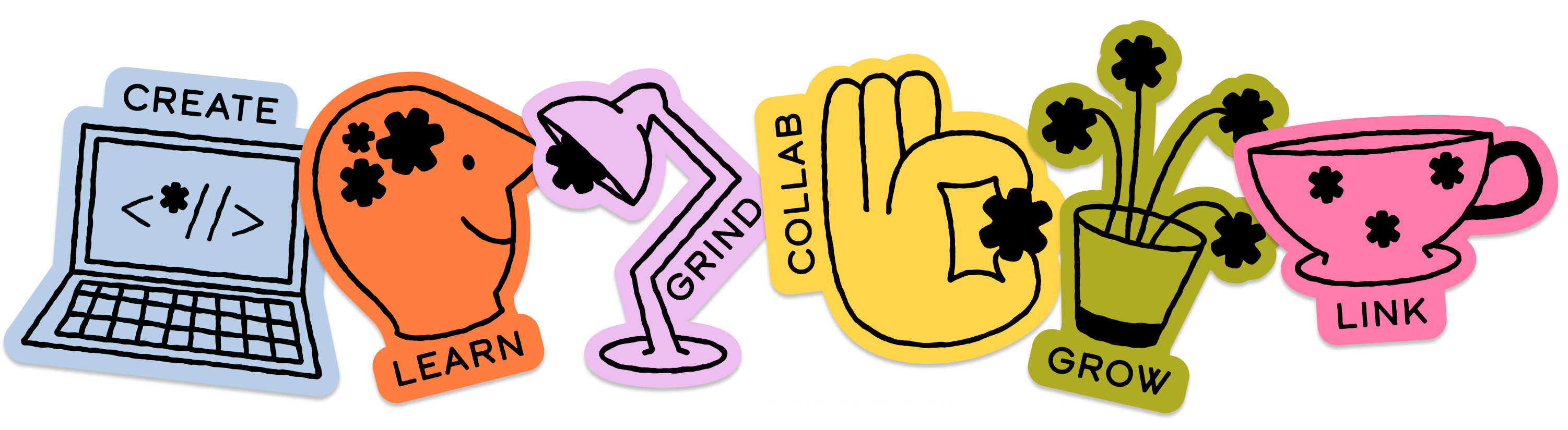 Room Too pillars: create, learn, grind, collab, grow, link
